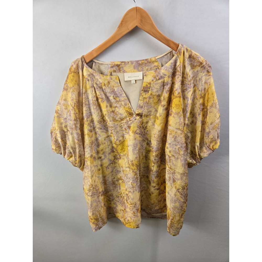 Melloday Yellow Floral V-Neck Blouse Top XL Cottegecore Boho Lagenlook Fairy